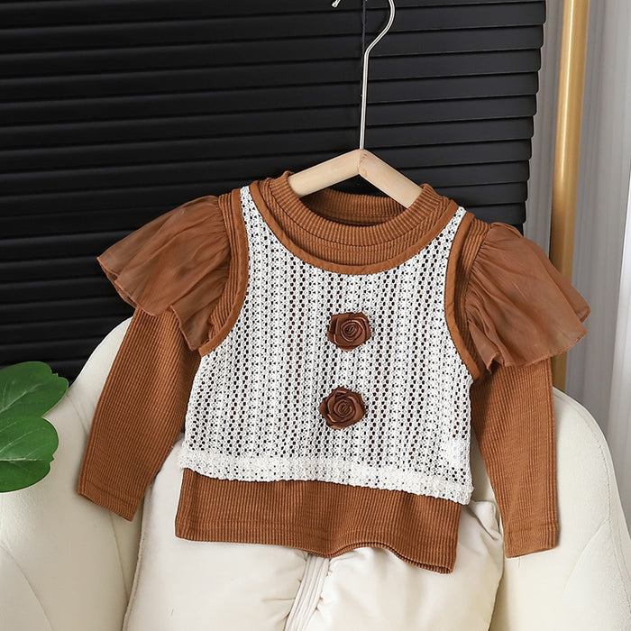 Wholesale Children's Clothing Girls Autumn Clothes Puff Sleeve Round Neck JDC-CTS-MianY046