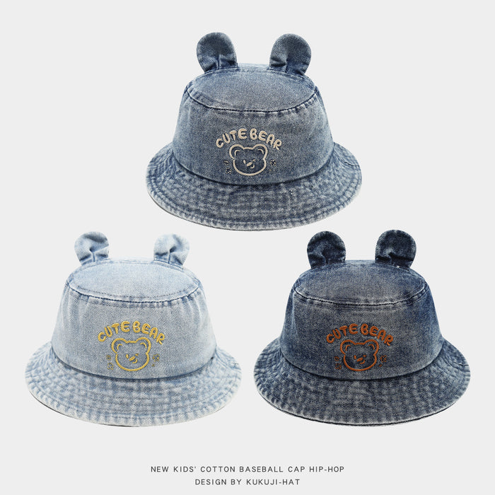 Wholesale Cartoon Letter Bear Denim Kids Bucket Hat Light Blue Sun Hat For Toddlers Casual Fashion Accessory