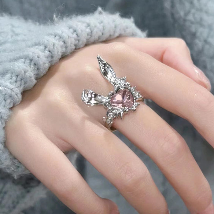 Wholesale Cute rabbit with diamond ring, versatile ring, open index finger ring