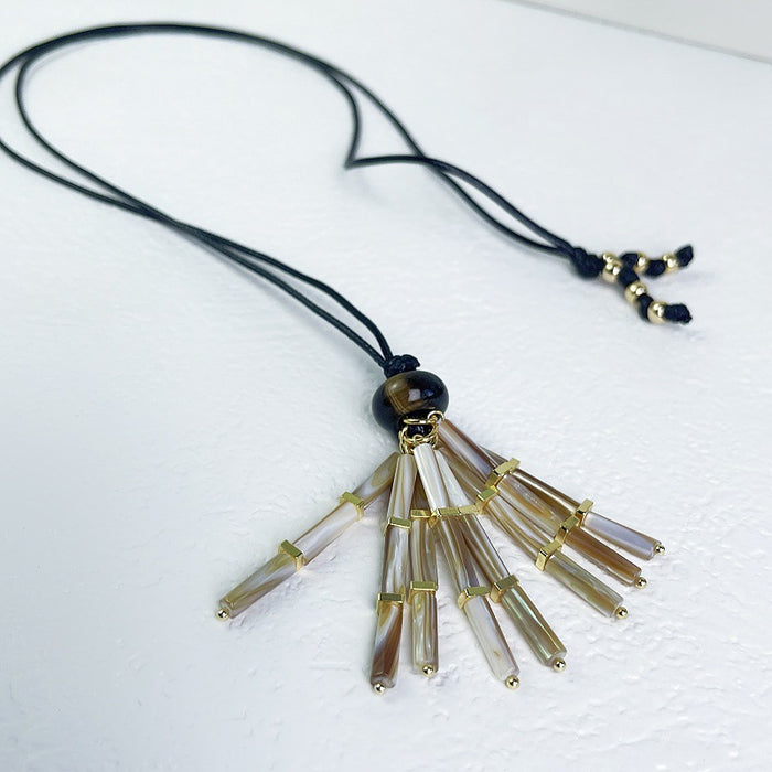 Wholesale Tassel Necklace with Tiger Eye Beads,  Long Waxed Rope Sweater Chain