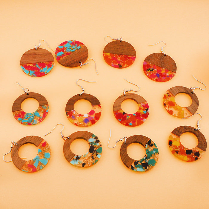 Wholesale Round Hollow Resin Crushed Natural Stone Gold Foil Wooden Earrings JDC-ES-Dagou002