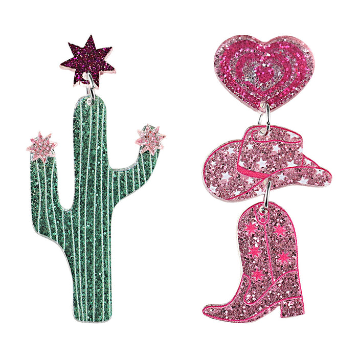 Wholesale Western Style Cactus Denim Hat Boots Sequin Acrylic Pendant Earrings Asymmetric Earrings