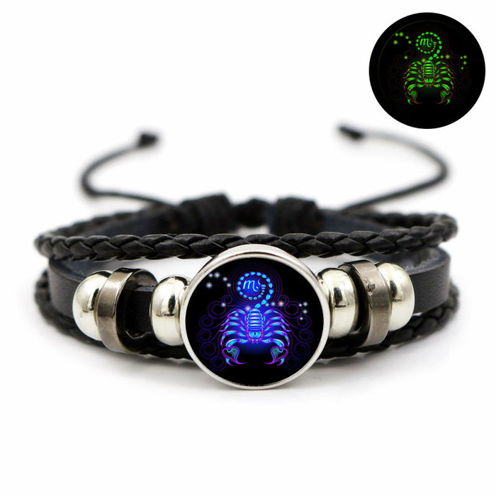 Wholesale Twelve Zodiac Luminous Retro Leather Bracelet Simple Glowing Wristband