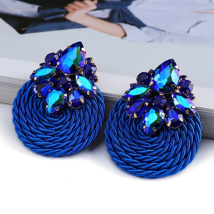 Wholesale Fashionable hand woven rope with circular inlaid colorful crystal earrings, elegant earrings and jewelry