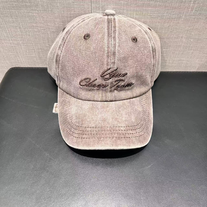 Letter Embroidery Washed Baseball Cap Spring Summer Large Head Circumference Trendy Denim Duckbill Cap Wide Brim Face-Slimming Hat