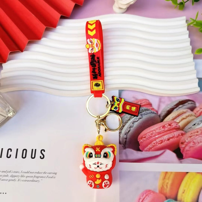 Wholesale Cartoon National Fashion Lion Dance Lucky Cat Keychain Pendant Chinese Red Couple Doll Small Pendant Personalized Car Pendant