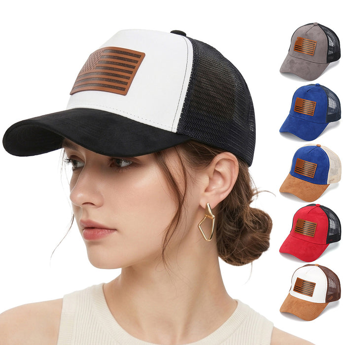 Wholesale Stylish American Flag Leather Patch Trucker Cap Suede Mesh Baseball Cap Summer Casual
