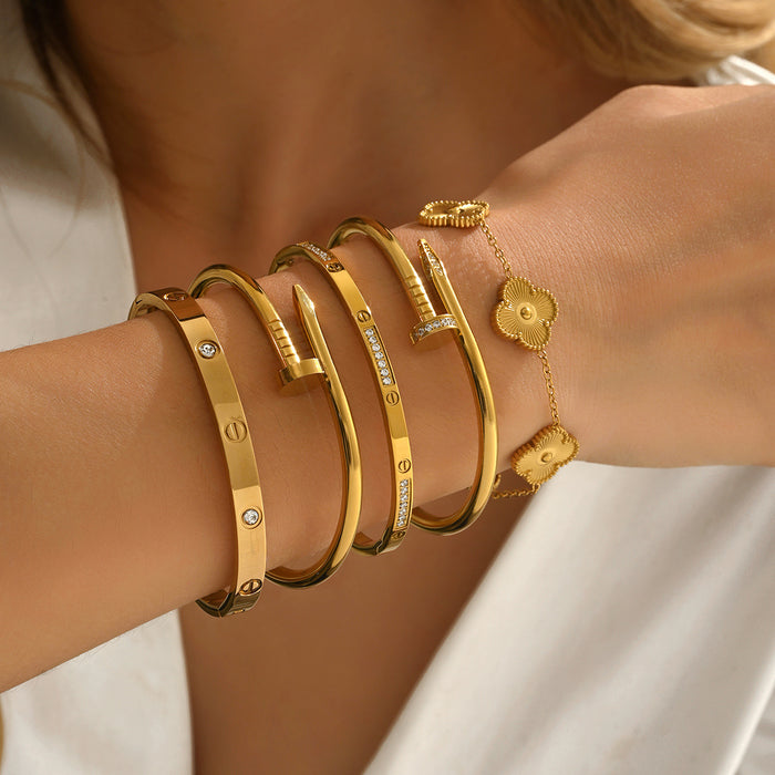 Wholesale Stylish Gold Bangle With Rhinestone Row Titanium Steel Bracelet Jewelry Accessory For Party Boutique Resale