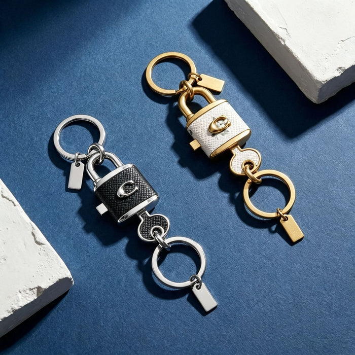 Wholesale Electroplated Alloy C Emblem Lock Keychain Retro Black White Bag Charm Car Key Accessory Boutique Resale Gift