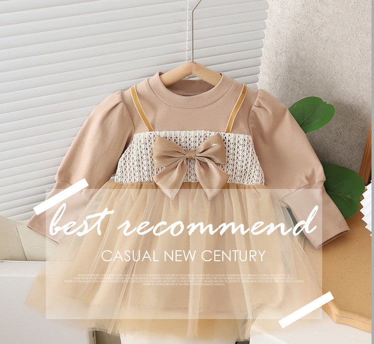 Wholesale Girls Autumn Dress Small Children's Hepburn Style Fashionable Dress Little Girl Puff Sleeve Bow Mesh Skirt JDC-CTS-MianY014