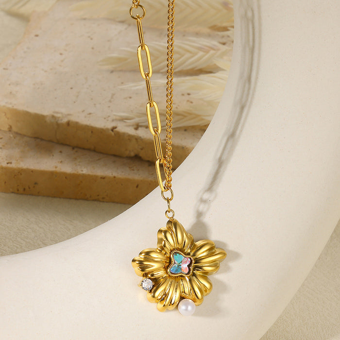 Wholesale Stainless Steel Vacation Ocean Imitation Pearl Jewelry Sunflower Necklace