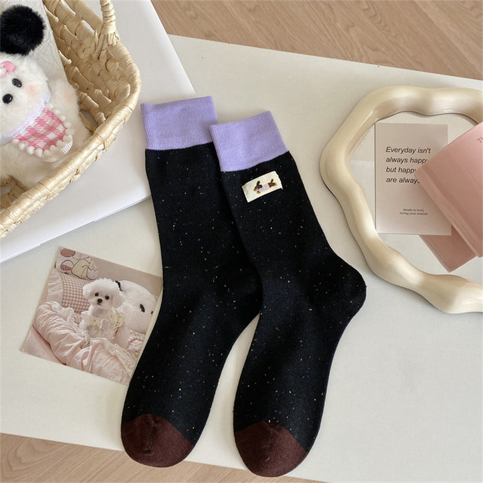 Wholesale Gray cloth label color blocked puppy mid tube socks cartoon pile socks