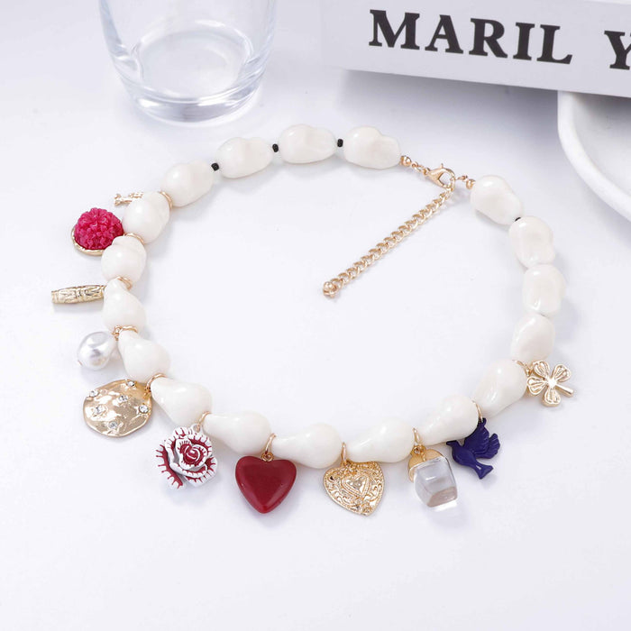 Wholesale Imitation Pearl Oil Dropping Alloy Love Insect Flower Pendant Women's Clavicle Chain