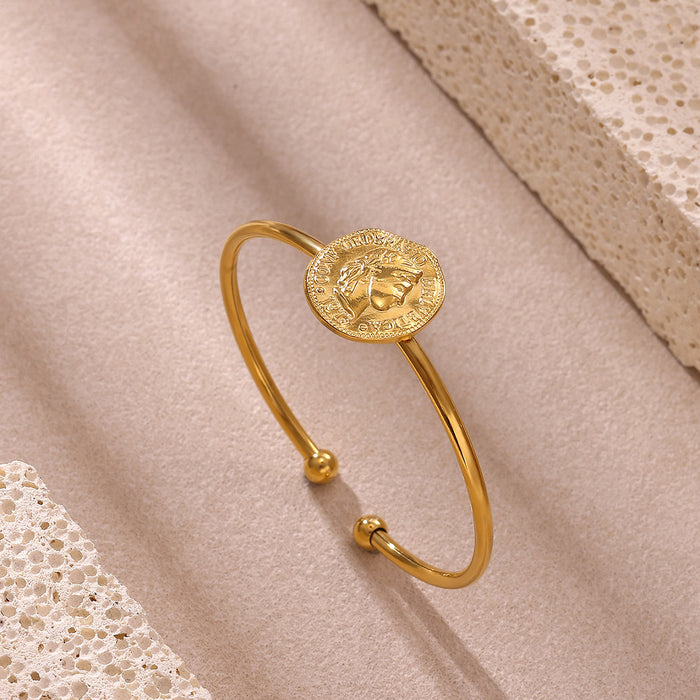 Wholesale Portrait coin 18K gold bracelet stainless steel jewelry small figure round pendant tag