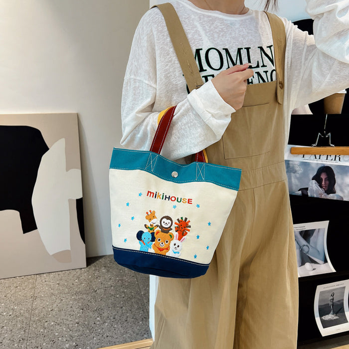 Wholesale Cartoon Zoo Color Block Canvas Bag Bucket Bag Handbag
