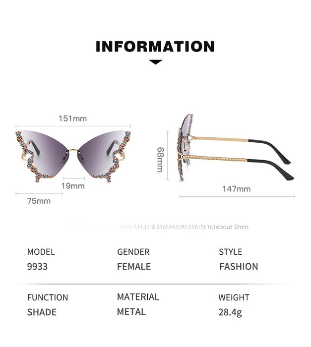 Wholesale New butterfly studded diamond rimless sunglasses with fashionable and exaggerated personality