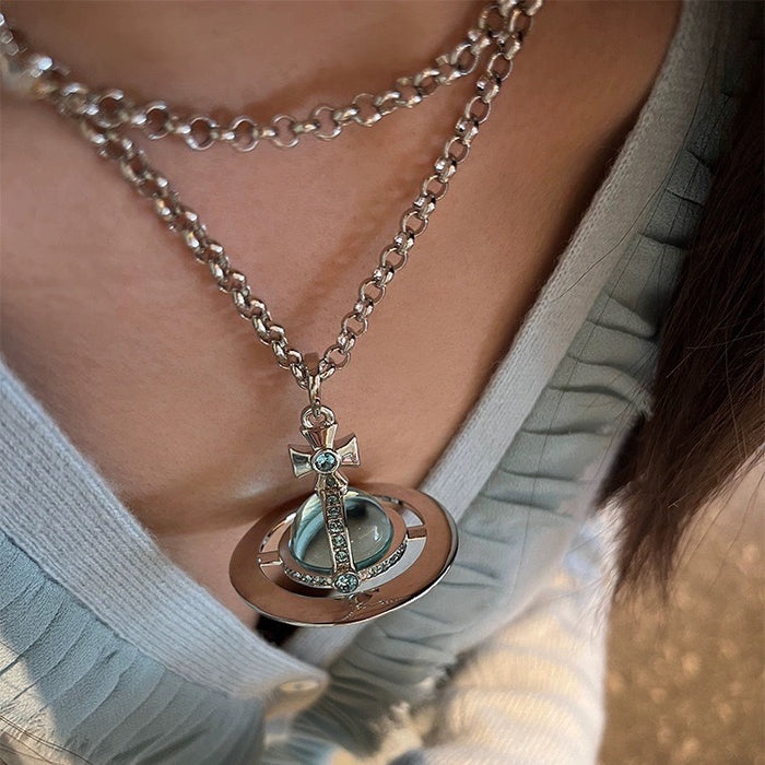 Wholesale   Large Glacier Blue New Saturn Necklace Women's  All-Match Clavicle Chain Woolen Chain