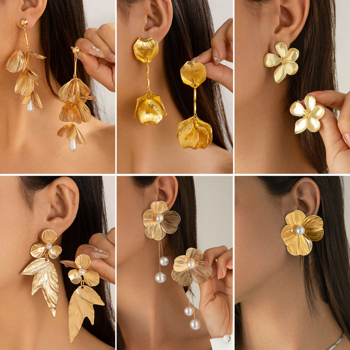 Wholesale Metallic Ginkgo Leaf and Flower Earrings Sweet and Cool Versatile Imitation Pearl Tassel Earrings