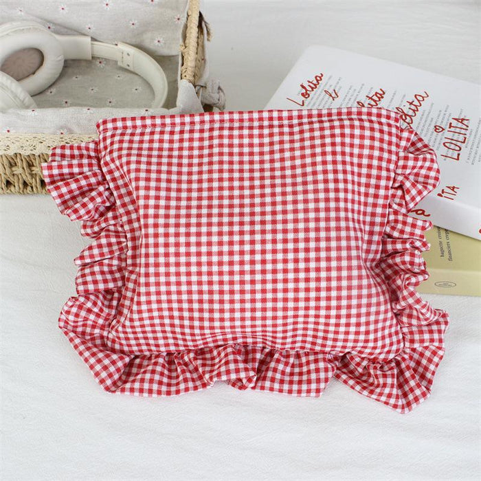 Wholesale Yellow Gingham Ruffle Trim Makeup Bag Large Capacity Portable Cosmetic Organizer For Everyday Use And Boutique Resale