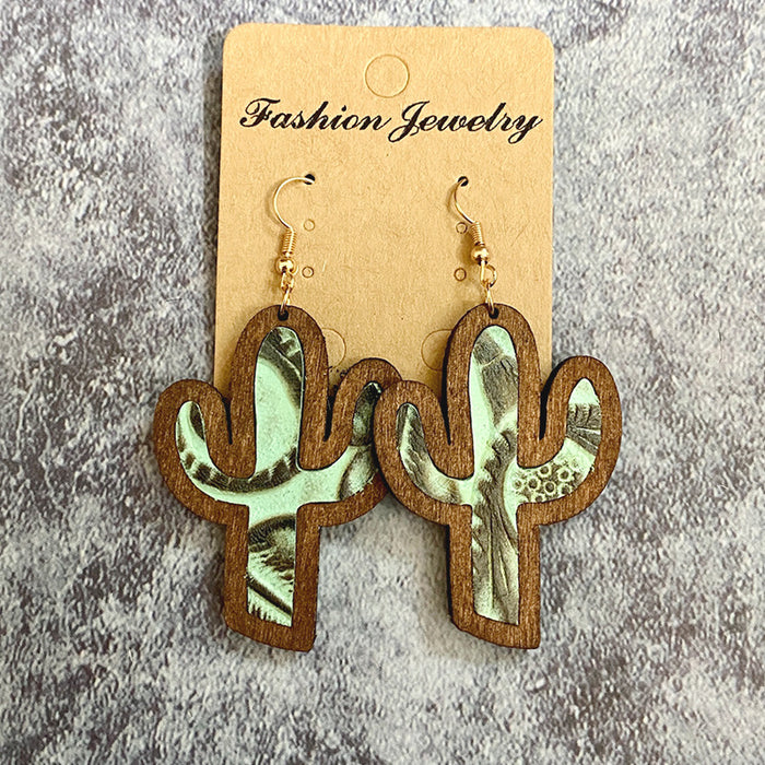 Wholesale Genuine leather earrings cowhide embossed cow brand cactus inlaid Western retro wood earrings