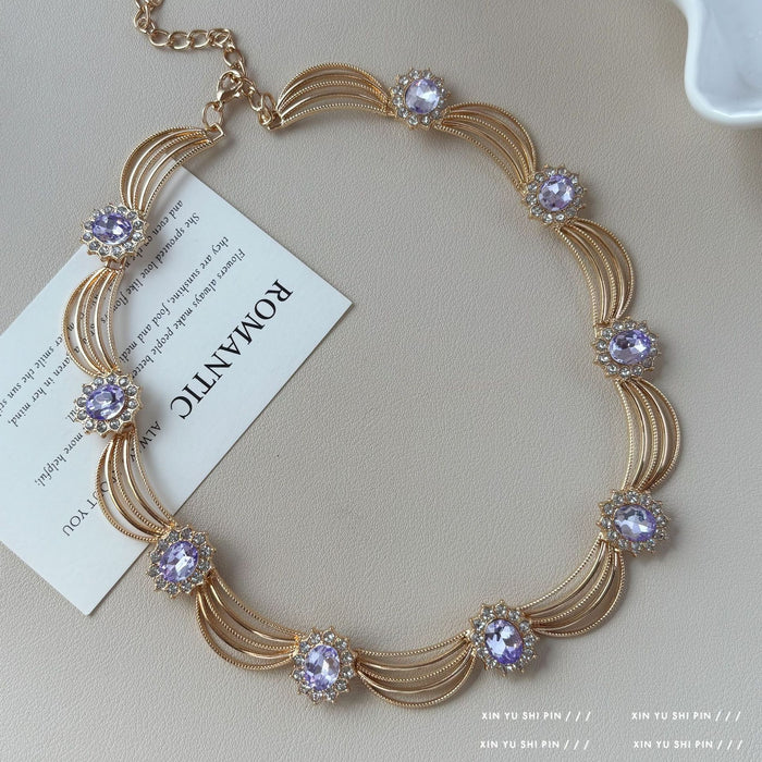 Wholesale Retro purple imitation diamond necklace earrings exaggerated personality collarbone chain