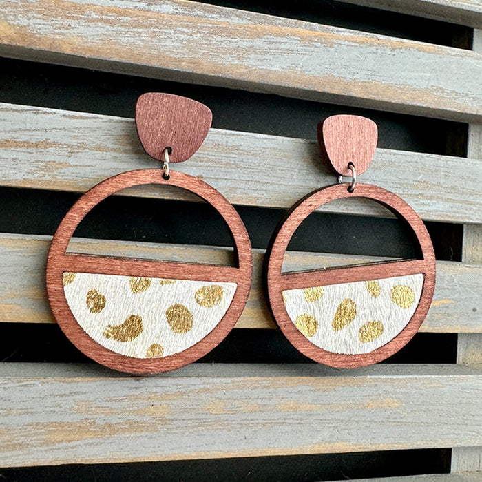 Wholesale Western genuine leather earrings geometric ing hollow inlaid leopard print classic exaggerated earrings