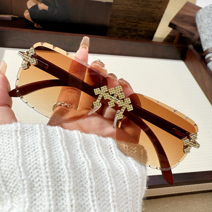Wholesale New Cross Diamond Borderless Sunglasses with High Quality Wood Texture Leg Sunglasses for Women's Fashion Sunglasses