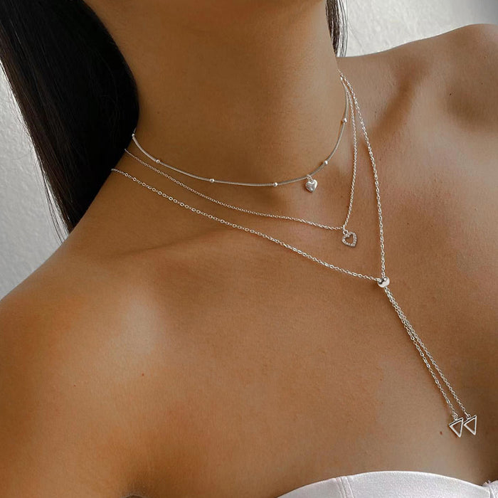 Wholesale Jewelry niche geometric diamond inlaid love pendant design sense tassel multi-layer necklace silver