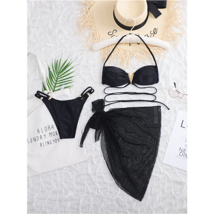 Wholesale Bikini Solid Color Strap Sexy Three Piece Swimsuit Set