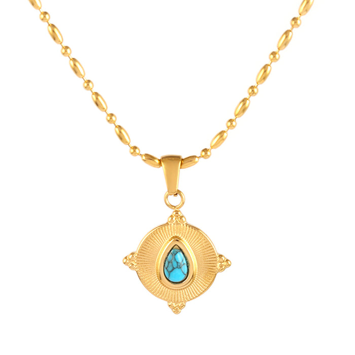 Wholesale Natural Stone Pendant Necklace Stainless Steel Turquoise Sun Pendant Clavicle Chain