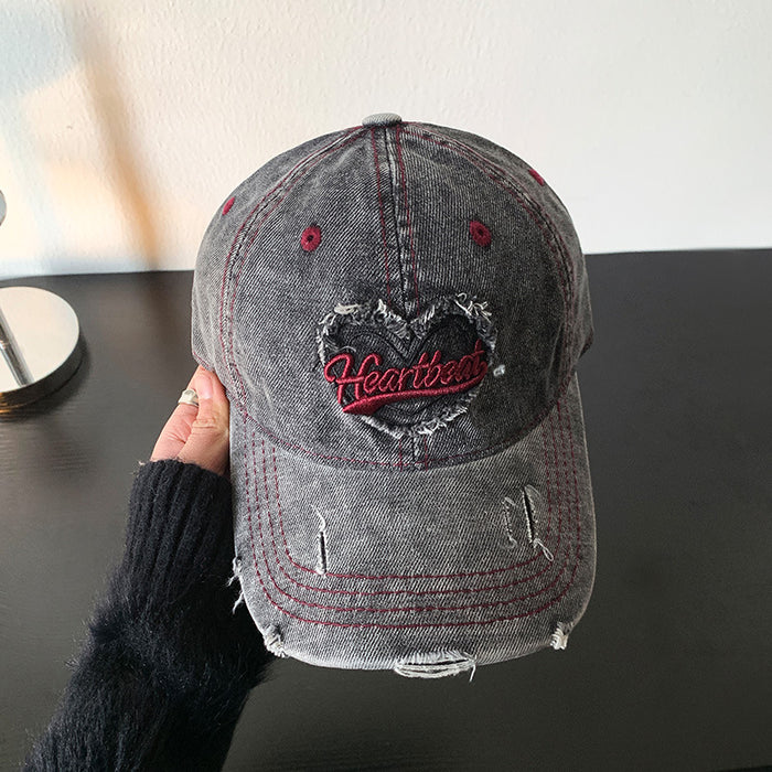 Wholesale Love washed denim baseball cap, retro distressed distressed, wide brim duckbill cap