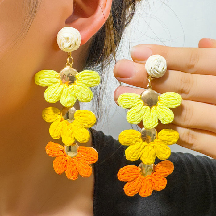 Wholesale Raffia Flower Earrings Summer Beach Style Fashion Accessory MOQ≥2