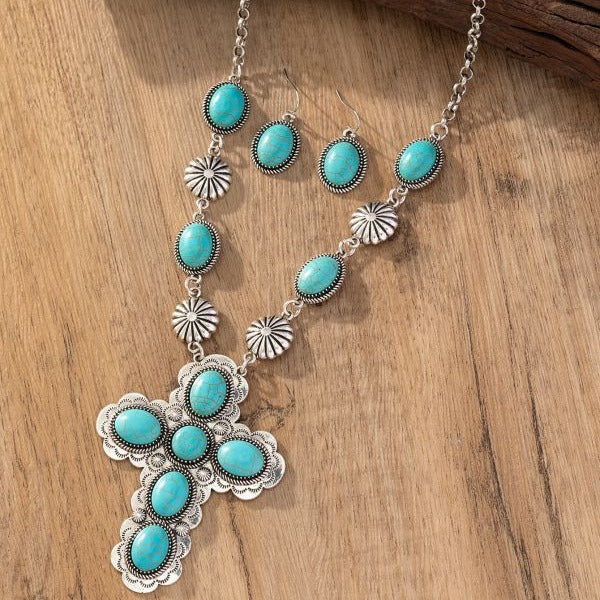 Wholesale Vintage Western Cross Turquoise Jewelry Set Alloy Necklace Earrings