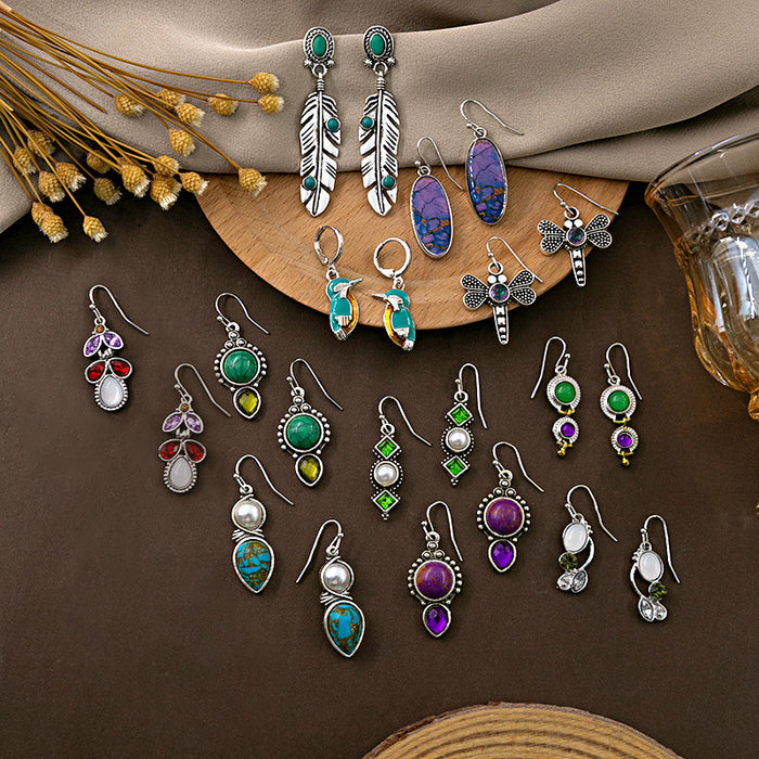 Wholesale Retro feather turquoise earrings bohemian Dragonfly bird water drop round earrings pearl earrings