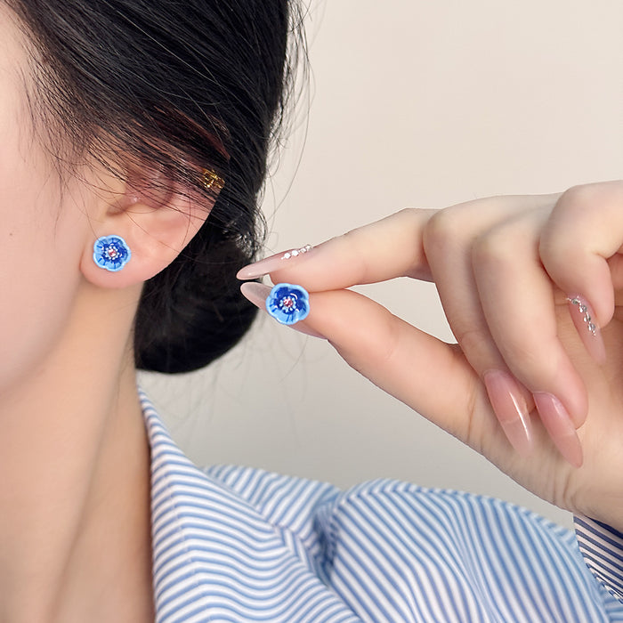 Wholesale New retro drop glazed blue small flower earrings, small and cute earrings, gentle and delicate temperament earrings