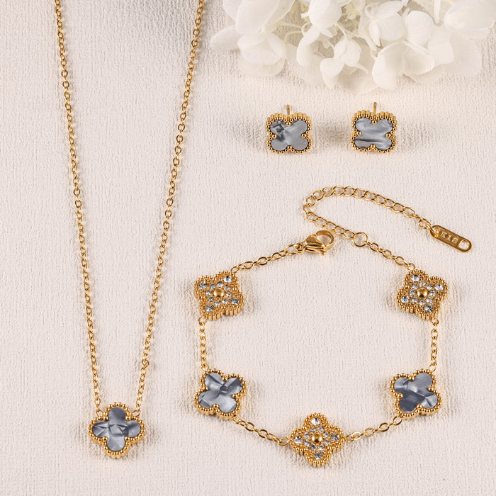 Wholesale Stainless Steel Four-Leaf Clover Three-Piece Gold-Plated Jewelry Set