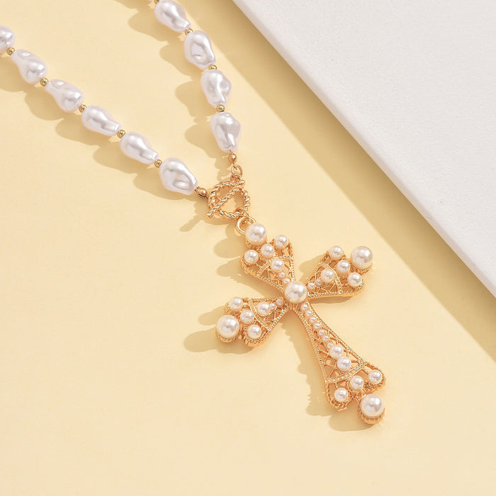 Wholesale Jewelry Punk Style Pearl Cross Necklace