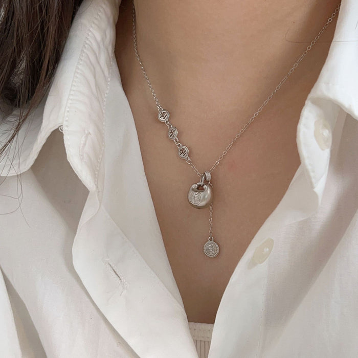 Wholesale Pure silver and pure silver new tassel Fu brand pendant integrated necklace, light luxury necklace for women