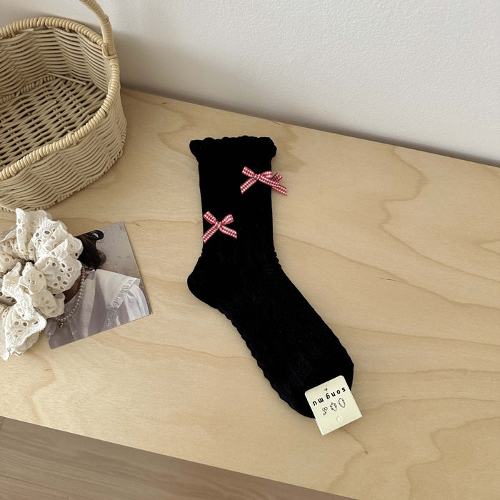 Wholesale Women's thin breathable socks with bow tie, mid tube socks, hollowed out lace socks