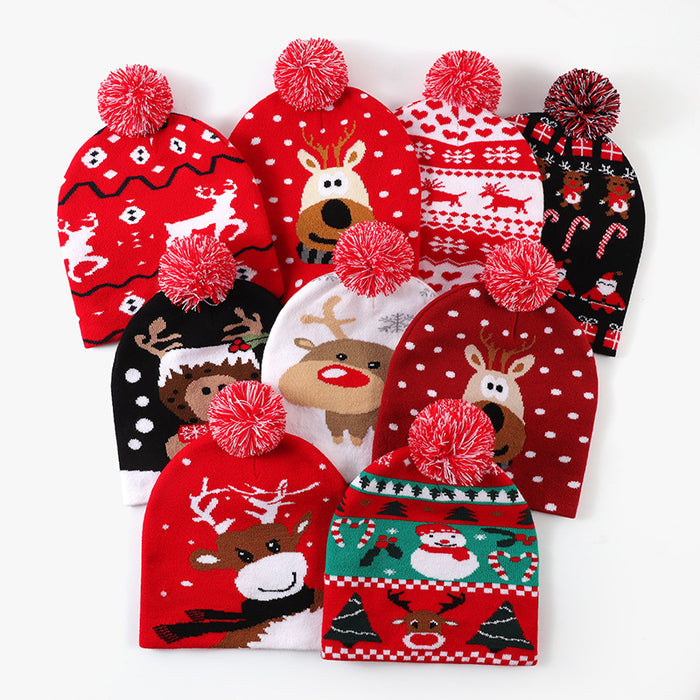 Wholesale Christmas Knitted Hats Led Light Hats for Men and Women,  Versatile Jacquard Woolen Hats with Fur Balls