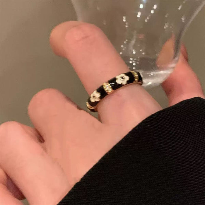 Wholesale Black Drip Glaze Black Flower Ring Women's Opening Adjustable