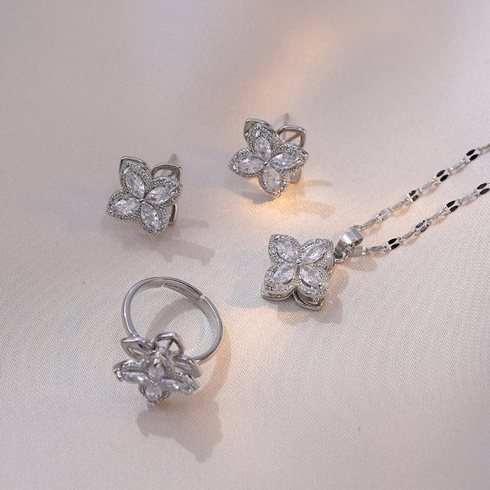 Wholesale New rotating necklace with zircon pendant earrings and ring set, collarbone chain necklace accessory