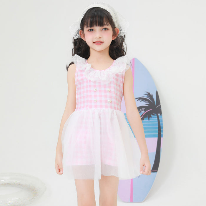 Wholesale Children's swimsuit plaid skirt style dress polyester swimsuit wholesale