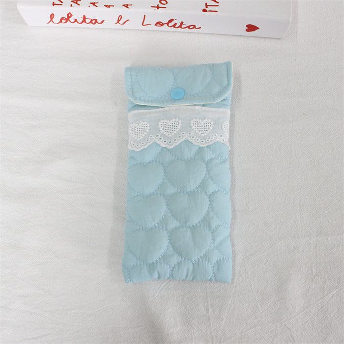 Wholesale Quilted Heart Pattern Glasses Pouch Soft Light Blue Polyester Eyeglass Case With Flap Travel Storage Bag For Sunglasses