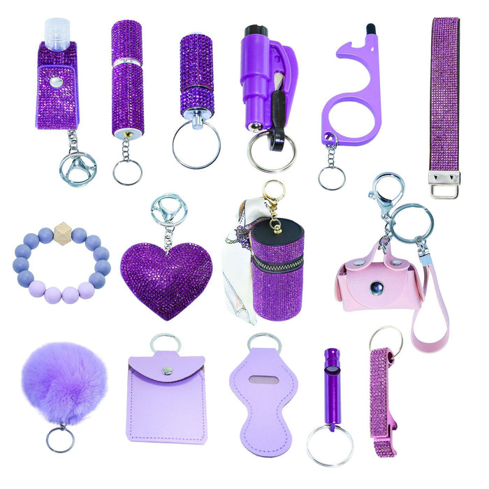 Wholesale Rhinestone Lipstick 15 Piece Keychain Set PU Leather Trendy Self Defense Accessory For Women Boutique Resale