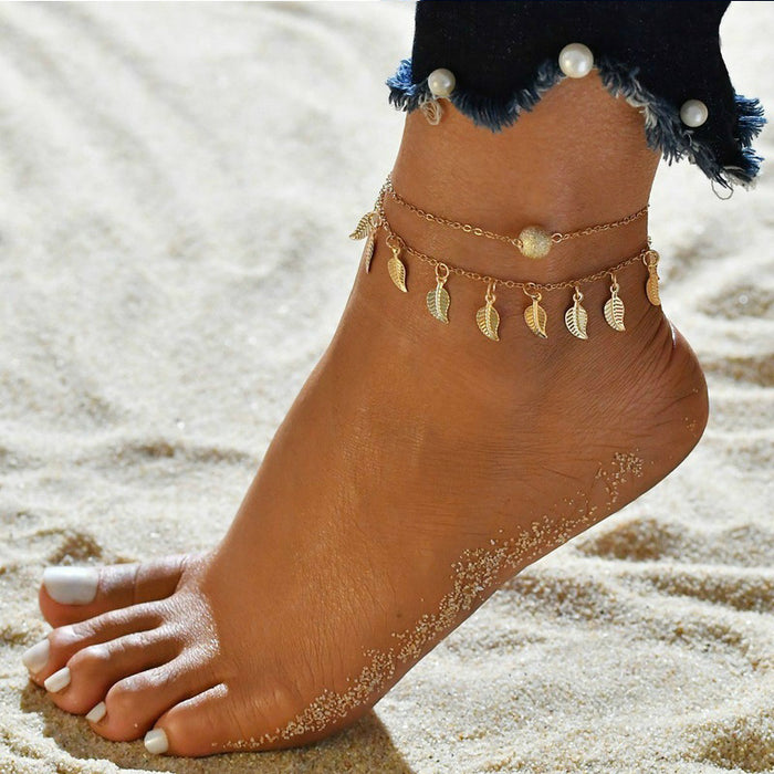 Wholesale Beach multi-layer zircon leaves, octagonal pearl ankle chain, sun moon star pattern jewelry