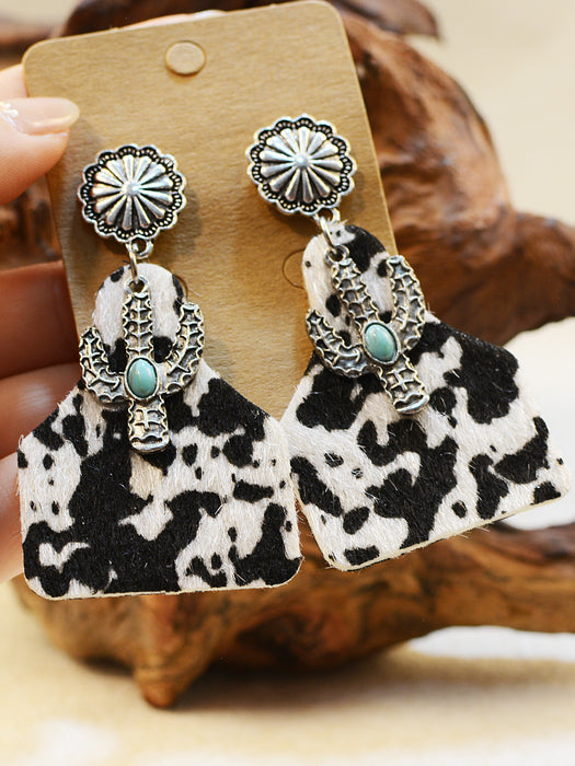 Wholesale Western Style Cow Pattern Turquoise Alloy Horseshoe Leopard Print Cross Earrings JDC-ES-ChenC012