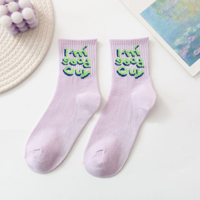 Wholesale of 10pcs Solid Color Knitted Smiling Face Mid Length Socks JDC-SK-Miqi007