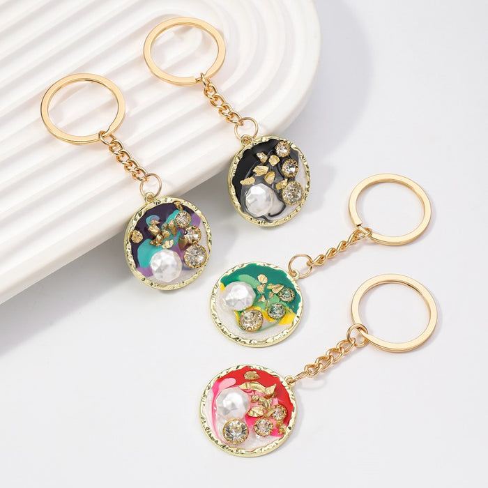 Wholesale Alloy Round Plate Inlaid Diamond Pearl Keychain JDC-KC-RongRui067