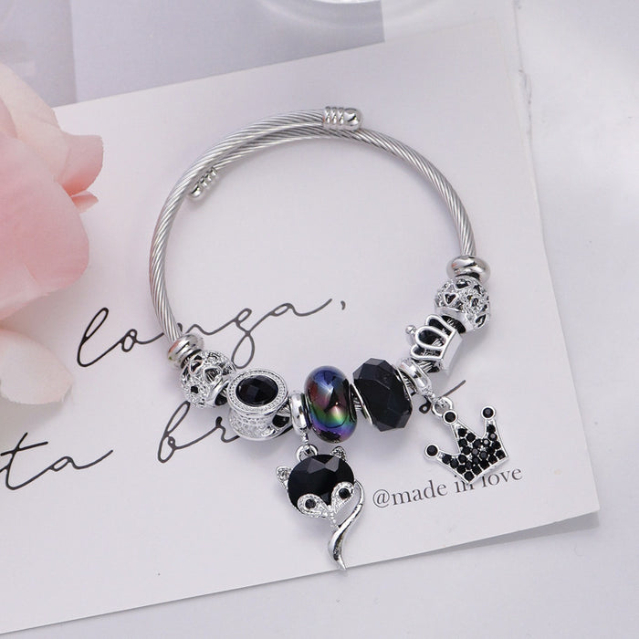 Wholesale Fox Crown Pendant Crystal Beaded Bracelet Women Stainless Steel Fashion Accessory Gift
